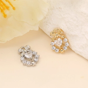 Bow heart pendant with white zircon in gold and silver finish for DIY jewelry