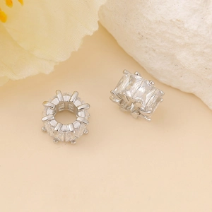 Silver metal slider beads with baguette-cut cubic zirconia for DIY jewelry making