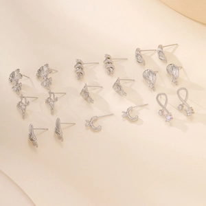 Silver leaf and geometric stud earring set with zirconia in modern minimalist style