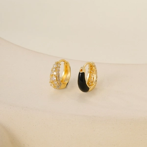 Elegant gold hoop earrings with black enamel and sparkling zircon stones for women