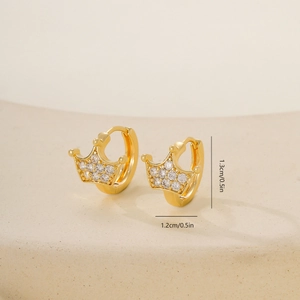 Detail view of golden crown huggie earrings with cubic zirconia and size dimensions