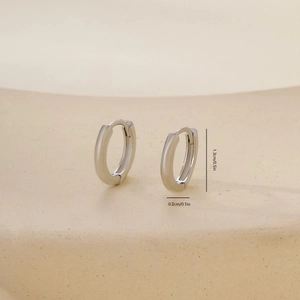 Detailed view of silver round hoop earrings showing 1.3cm height and 0.2cm width dimensions