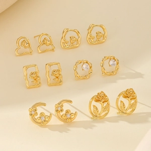 Golden flower earrings collection with heart and rose designs in French vintage style