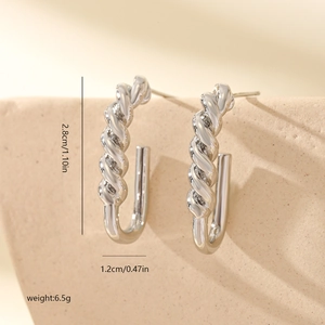 Detailed view of silver J-shaped twisted rope earrings with size and weight specs