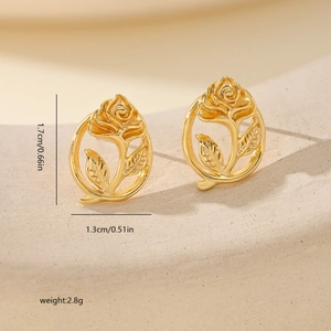 Detailed view of 1.7cm gold rose earrings with size and weight specs on stone base