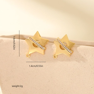 Macro view of gold-plated star earrings with zircon inlay and detail measurements