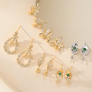 Luxurious gold and silver copper flower ear studs with zircon for DIY jewelry making