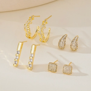 Luxury gold geometric stud earring set featuring copper with zircon leaf and square shapes