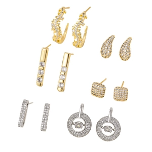 Luxury geometric earring set with copper inlaid zircon in gold and silver finishes