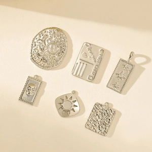 Set of 6 silver metal square pendants with cubic zirconia for DIY jewelry making