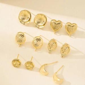 Set of 6 gold geometric earring studs and DIY findings with textured metal finishes