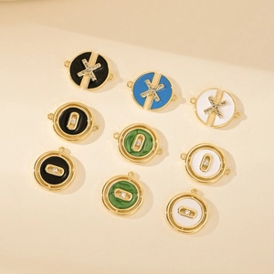 Luxury Zirconia Inlaid Metal Round Pendant For DIY Jewelry Making Necklace Bracelet Earring Accessory Gold Plated Enamel Charm