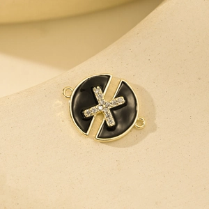 Gold round pendant with black enamel and X-letter zircon inlay for jewelry making