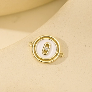 Golden round pendant with sliding zircon center and white enamel for DIY jewelry making