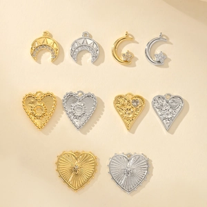 Golden and silver heart and moon charms with zircon insets for jewelry making