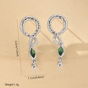Detailed size view of silver snake earrings with green marquise zircon and beaded drop
