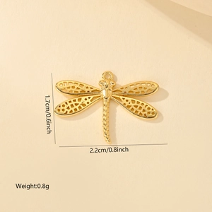 Macro detail of 18k gold plated dragonfly pendant with hollow wings and measurements