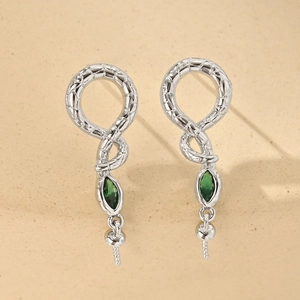 Pair of snake shaped silver plated earring findings with green zircon and pearl pin mounts