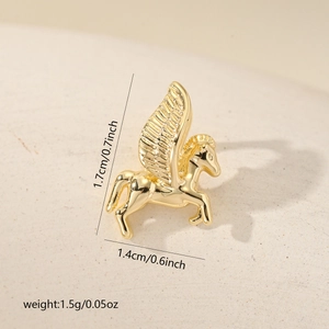 Macro shot of a 1.7cm golden Pegasus charm with detailed dimensions and weight stats