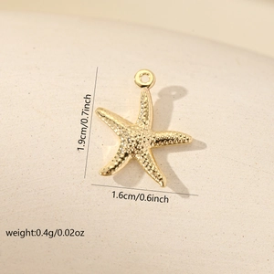 Detailed size view of a gold starfish pendant charm with dimensions 1.9cm x 1.6cm