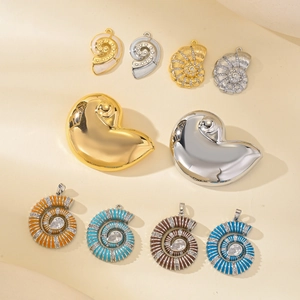 Marine conch shell pendants with zircon and enamel inlays for DIY jewelry making