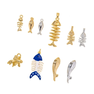 DIY gold and silver metal fish and fishbone pendants for jewelry making with blue enamel