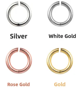 Polished metal jump rings shown in silver, white gold, rose gold and yellow gold finishes