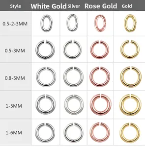 Detailed size chart for DIY metal jump rings in gold, silver, and rose gold finishes