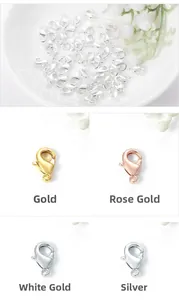 Detailed view of alloy lobster clasps in gold, rose gold, white gold and silver finishes
