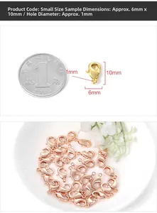 Detailed size chart of 6x10mm golden lobster claw clasp with a coin for scale