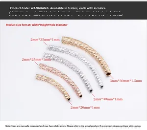 Size chart for 18K gold plated curved tube beads showing five different dimensions and lengths