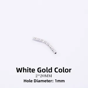 Detailed view of 2x20mm white gold plated curved tube beads with textured diamond cut finish