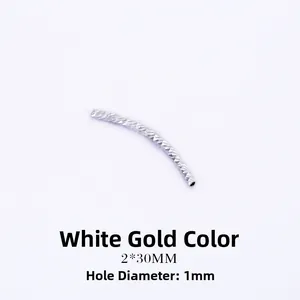 White gold color curved tube bead 2x30mm with diamond-cut texture and 1mm aperture