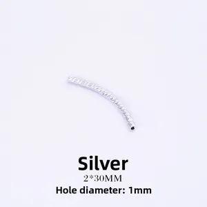 Silver curved tube bead with diamond-cut texture measuring 2x30mm for jewelry making