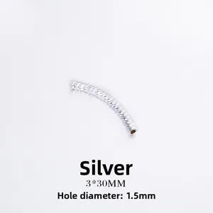 Silver curved tube bead with diamond-cut texture, 3x30mm size for jewelry making