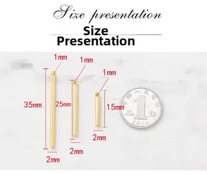 Size specifications for gold cylindrical jewelry pendants showing 15mm to 35mm lengths