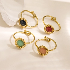 Vintage Stainless Steel Open Adjustable Ring For Women Faceted Colorful Gemstone Round Beaded Border Fashion Jewelry Gold Plated Geometric Finger Ring
