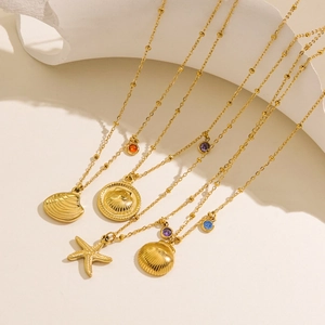 Edelstahl Ozean Thema Seestern Muschel Anhänger Halskette Für Damen Vergoldet Strass Maritim Element Schmuck