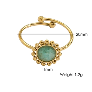 Detailed view of adjustable gold ring featuring 11mm green stone and 20mm diameter