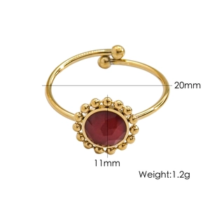 Detail of adjustable gold ring with red faceted stone and 20mm inner diameter size info