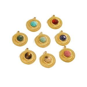 Retro round gold plated pendants with colorful natural stones and radial ripple borders