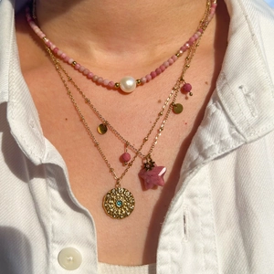 Three-layer layered necklace with rhodochrosite beads, pearl, and gold coin pendant