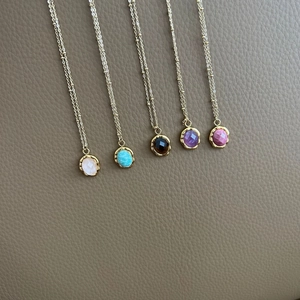 14K gold plated stainless steel necklaces with colorful oval natural stone pendants