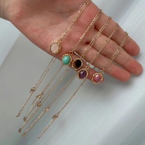 Set of five 14K gold-plated stainless steel necklaces with oval natural stone pendants
