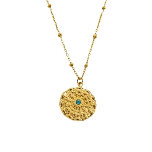 Golden sunburst pendant necklace with blue zircon on a minimalist satellite chain