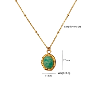Detail view of 14K gold plated necklace with 17x11mm green stone pendant and dimensions