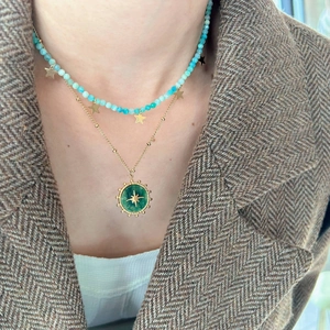 Vintage 14K επίχρυσο διπλό κολιέ με αστέρια και πράσινο μενταγιόν με οκτάκτινο αστέρι