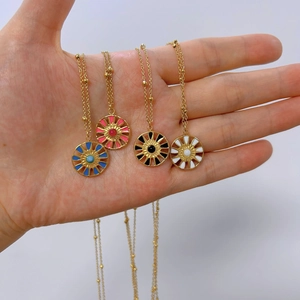 Bohemian sun flower pendants in blue pink black white oil drip with gold bead chains