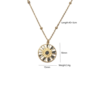 Detailed specs showing a 18x15mm golden compass pendant with black stone inlay on a beaded chain