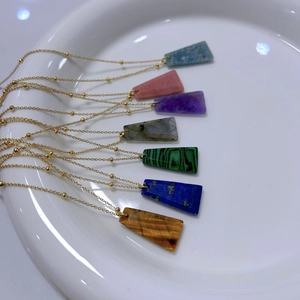 Natural stone trapezoid pendant necklaces set with gold-plated stainless steel ball chain